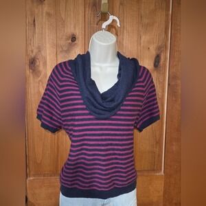 AphOrism Navy and Pink Striped Cowl Neck‎ Sweater